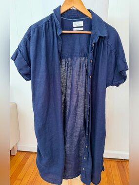 J Crew Lightweight Linen Navy Button-Front Shirt Dress